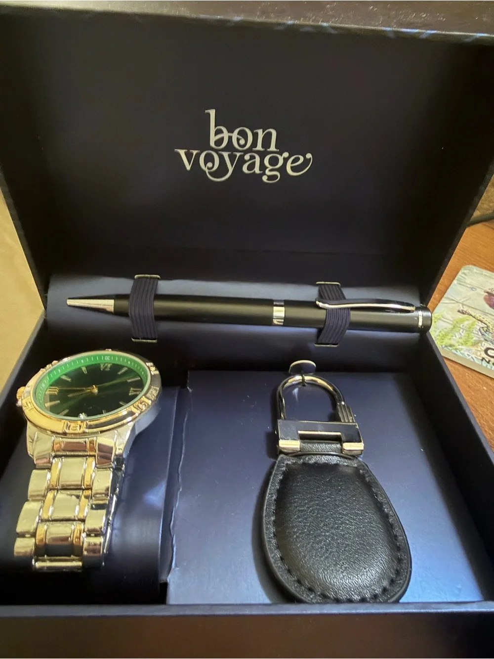 Bon Voyage Gift Set - Green Dial Watch, Black Pen & Leather Keychain
